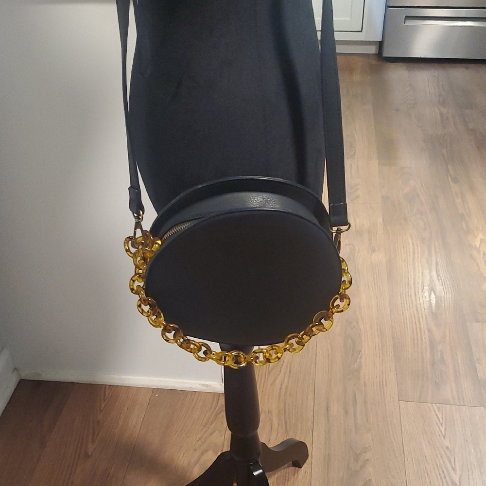 Anthropologie Black Round Crossbody Bag with Gold Chain